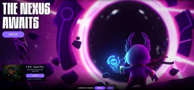 A 'The Nexus Awaits' promotional page with an Enter button, featuring a small character with a glowing blue orb facing a large pink portal, with 'The Swamp' section below.