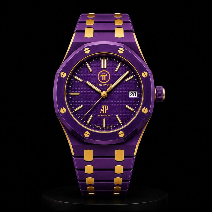 A luxurious purple and gold wristwatch with "Pi Network" and "AP Pi Edition" displayed on its face, paired with the word "MADE" near the bottom—symbolizing Pi Network's inevitable "Pi o'clock" moment as confident believers wait for the last laugh.