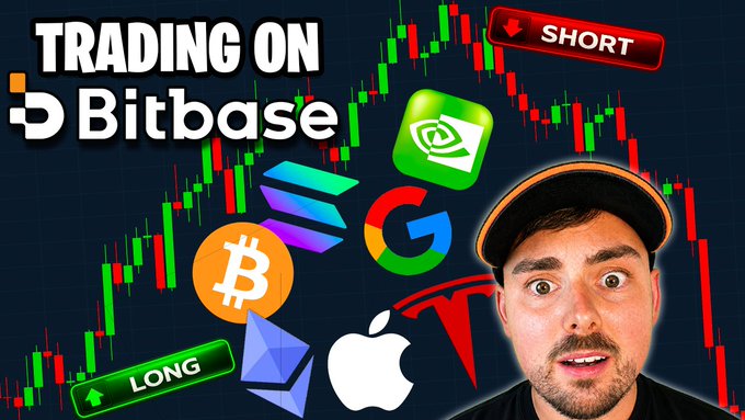 YouTube thumbnail titled 'TRADING ON Bitbase' featuring a man's surprised face, trading chart graphics with LONG/SHORT buttons, and logos for Bitcoin, Solana, Ethereum, Google, Apple, and Tesla.
