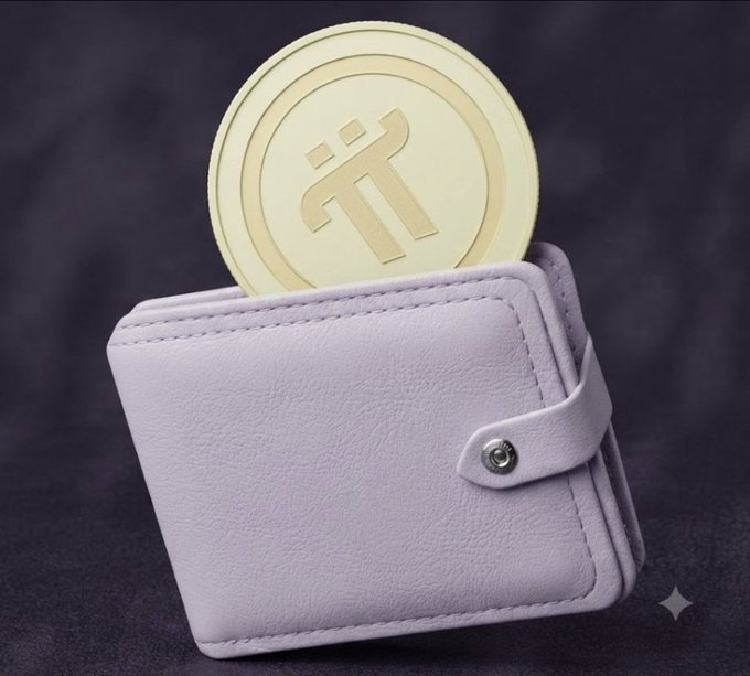 A gold Pi cryptocurrency coin rests atop a light-colored leather wallet with a snap closure, set against a dark background.