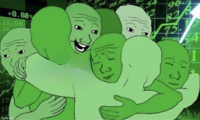 A popular 'Wojak' style meme featuring multiple green cartoon figures hugging each other joyfully, set against a background of stock market numbers and upward trending charts.