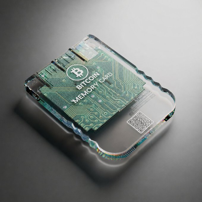 A clear resin-encased bitcoin-themed memory card featuring a green circuit board design with the Bitcoin logo and text 'BITCOIN MEMORY CARD'.