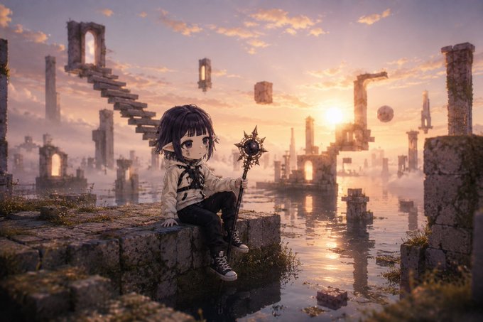 An anime-style chibi character with black hair and a staff sits on a stone ledge overlooking a surreal landscape of floating ancient ruins at sunset.