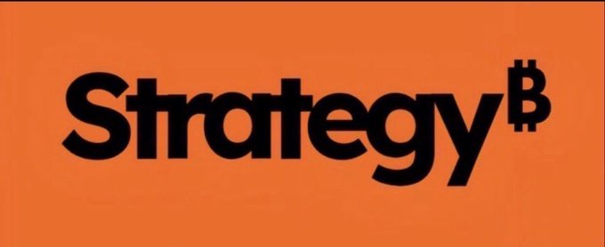 The logo for 'Strategy' (formerly MicroStrategy) on an orange backdrop, featuring a Bitcoin 'B' symbol with vertical strokes.