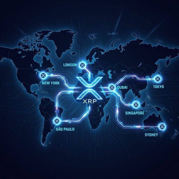 A stylized world map showing a glowing network centered around the XRP logo, connecting major cities like New York, London, Dubai, Tokyo, Singapore, Sydney, and São Paulo.