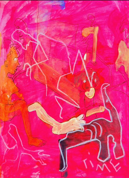 An expressive abstract painting in vibrant pink and red tones depicting figurative forms, with the word 'TIME' written in the bottom right corner.