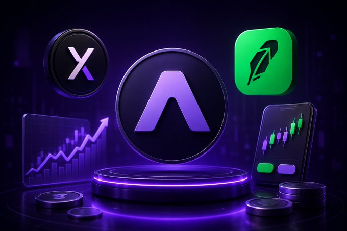 A glowing purple "A" logo at center is flanked by "X" and feather icons, with candlestick charts and a podium below, visually representing the @arcus_xyz trading platform's potential for early airdrop rewards similar to those from the $DYDX era.