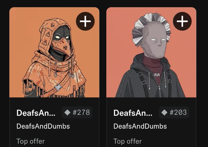 The image shows two NFTs from the DeafsAndDumbs collection, labeled #278 (a hooded figure in orange) and #203 (a character with gray spiky hair in dark clothing), both listed as "Top offer" — representing the giveaway prize mentioned in the post.