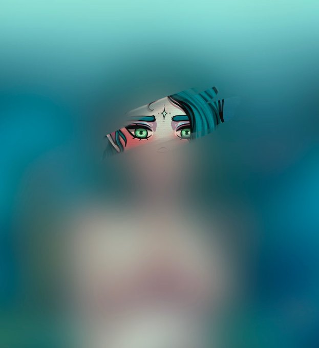 A close-up digital illustration of a character's face with striking teal hair and bright green eyes, peering through a narrow opening with a soft, dreamy teal background.