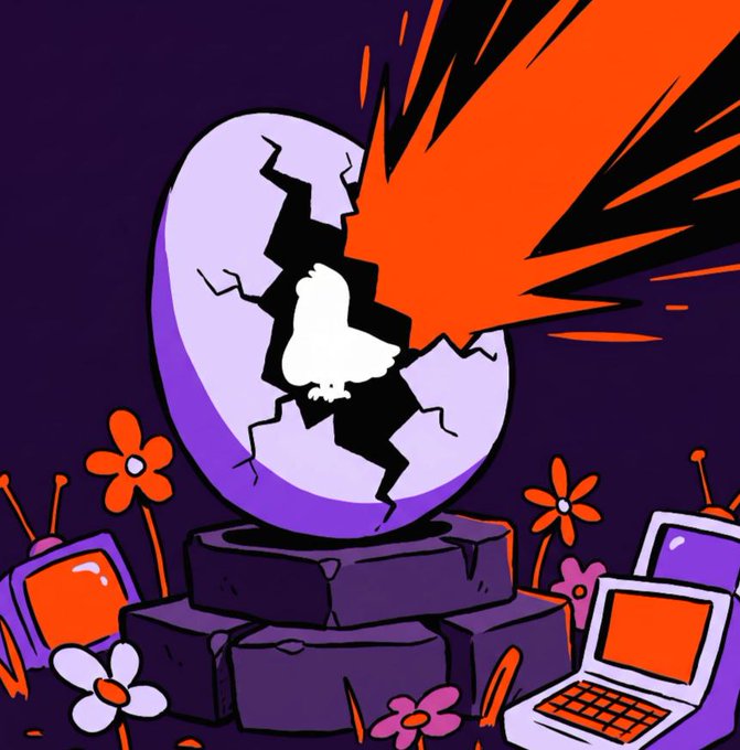 A cartoon illustration of a cracked egg on a pedestal with an orange explosion bursting out of it, surrounded by retro TVs and flowers.