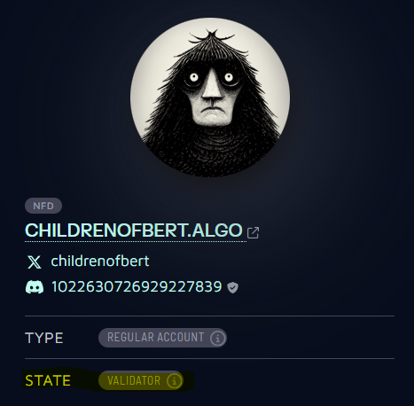 An Algorand NFD profile for 'CHILDRENOFBERT.ALGO' (childrenofbert, account 1022630726929227839), showing a creepy doll-like avatar, type REGULAR ACCOUNT, state VALIDATOR.