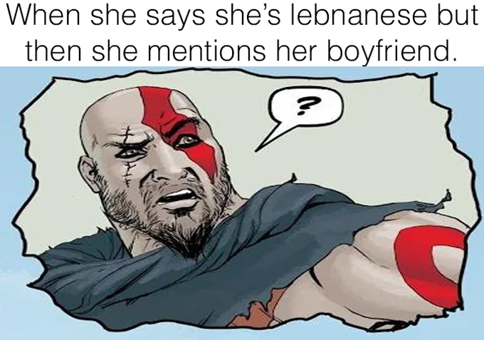 A meme reads, “When she says she’s lebanese but then she mentions her boyfriend,” showing a surprised bald, bearded superhero-like character with a question-mark speech bubble.