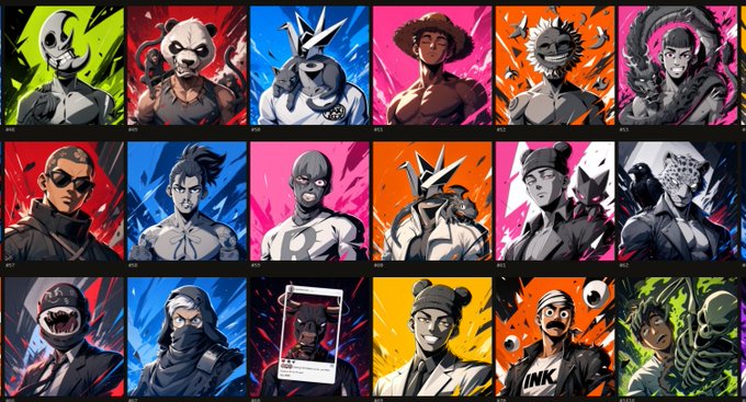 A grid of 18 colorful cartoon NFT character portraits featuring various figures like masked warriors, a panda, ninjas, and other stylized characters against vibrant colored backgrounds.