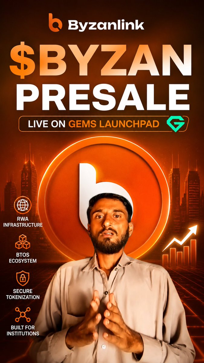 Promotional graphic for the "$BYZAN PRESALE" on Gems Launchpad by Byzanlink, featuring a man speaking and listing features: RWA Infrastructure, BTOS Ecosystem, Secure Tokenization, and Built for Institutions.