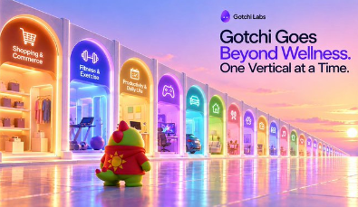 A colorful Gotchi Labs promotional banner with the tagline 'Gotchi Goes Beyond Wellness. One Vertical at a Time' showing an archway of various marketplace verticals and a cute red creature character.