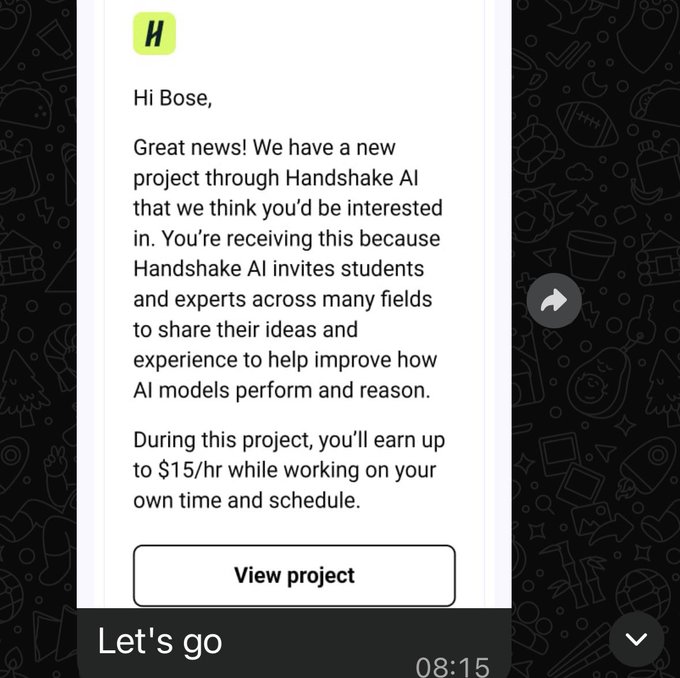 A screenshot of a message from Handshake AI inviting "Bose" to a project, offering up to $15/hr with a "View project" button.
