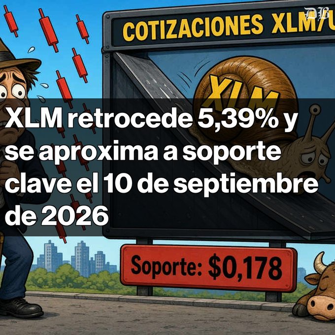 A Spanish-language financial graphic titled "COTIZACIONES XLM" with text reading "XLM retrocede 5,39% y se aproxima a soporte clave el 10 de septiembre de 2026" and showing a support level of "$0,178".