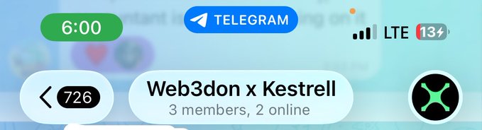 A Telegram app screenshot showing a group called 'Web3don x Kestrell' with 3 members and 2 online.