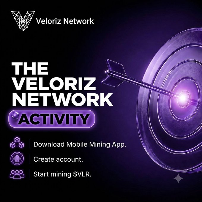 A promotional graphic for the Veloriz Network features a glowing purple target with an arrow hitting the bullseye, alongside bold text reading "THE VELORIZ NETWORK ACTIVITY" and three steps: "Download Mobile Mining App," "Create account," and "Start mining $VLR." The image visually reinforces the post's call to action, encouraging users to join the $VLR mining community via their smartphones.