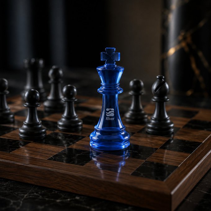 A blue glass king chess piece branded 'River' stands prominently on a marble chessboard surrounded by black pawns in a dramatic dark setting.