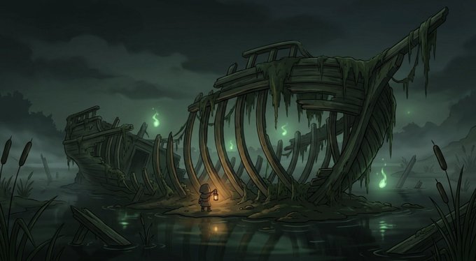 A dark, atmospheric digital illustration depicting a small character holding a lantern standing before the skeletal ribcage of a massive shipwreck in a misty, swamp-like environment with glowing green wisps.