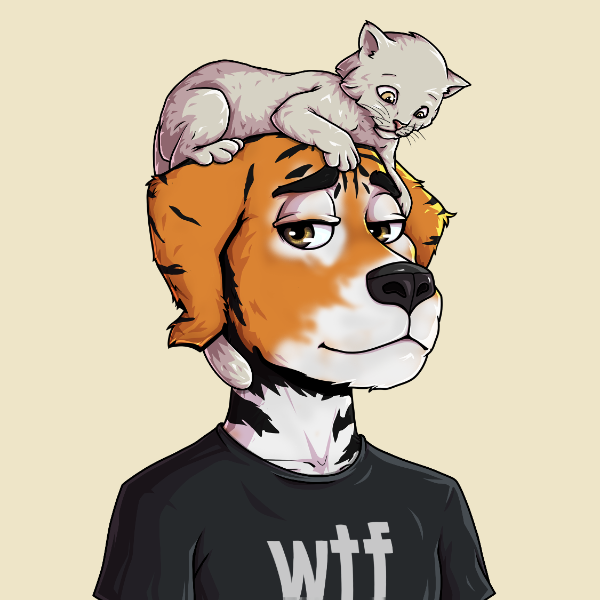 An anime-style illustration of a humanoid tiger character wearing a black t-shirt with "wtf" printed on it, with a small gray cat resting on its head.