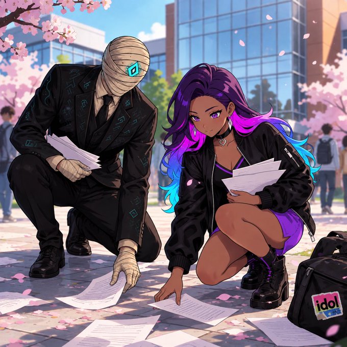 An anime-style illustration shows a bandaged figure in a black suit with a diamond emblem on their head and a girl with purple-to-blue gradient hair picking up scattered papers outdoors near cherry blossoms.