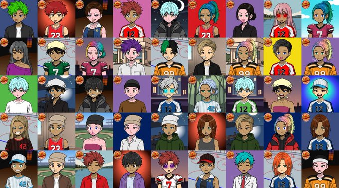 A grid collage of 40 anime-style character avatars, primarily depicted in athletic wear and sports uniforms (jerseys numbered 7, 12, 42, 99, 23), each with a small flame icon in the corner.