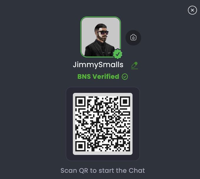 A QR code profile screen showing a male avatar with sunglasses and a beard, the username 'JimmySmalls,' a green 'BNS Verified' badge, and the instruction 'Scan QR to start the Chat.'