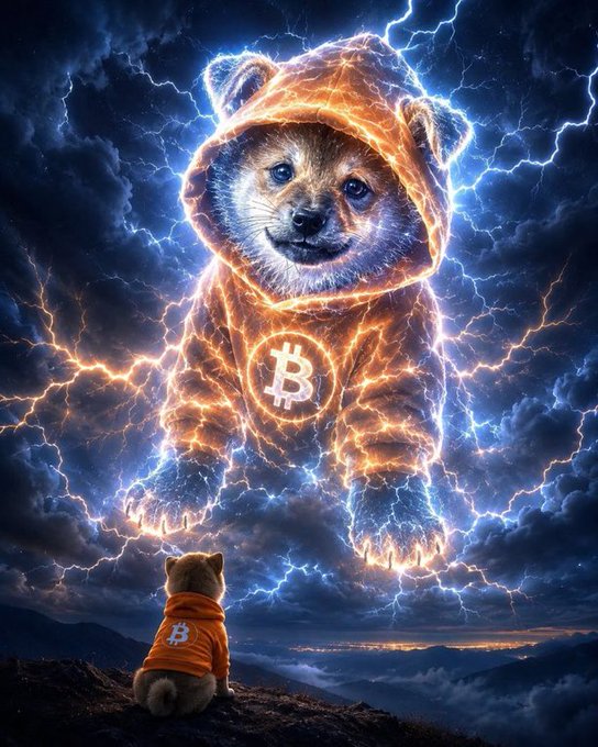 A digital artwork depicts a small Shiba Inu wearing an orange Bitcoin hoodie gazing up at a massive glowing Shiba Inu figure surrounded by lightning in the night sky.