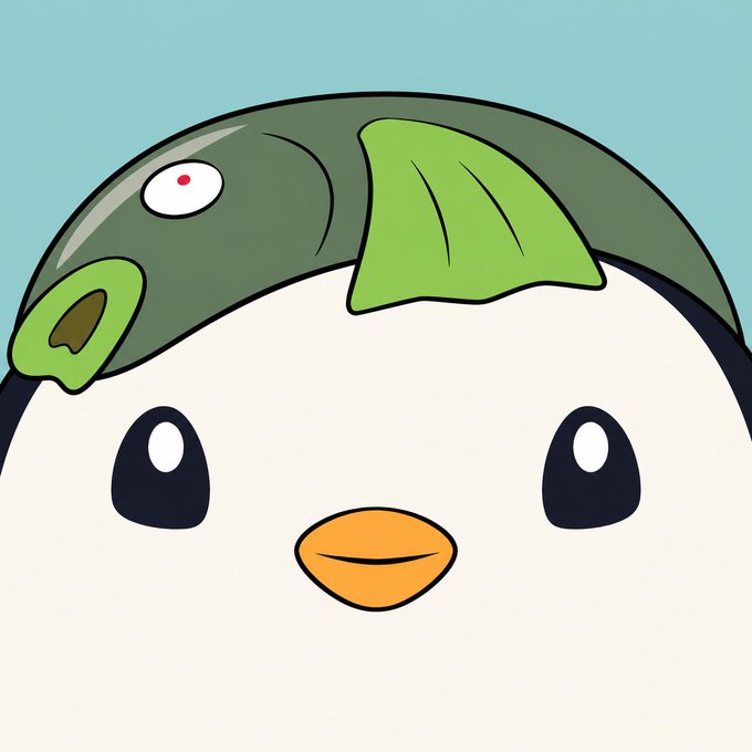 A cute cartoon character features a round white face with an orange beak, large black eyes, and a green and gray fish-shaped hat against a light blue background.