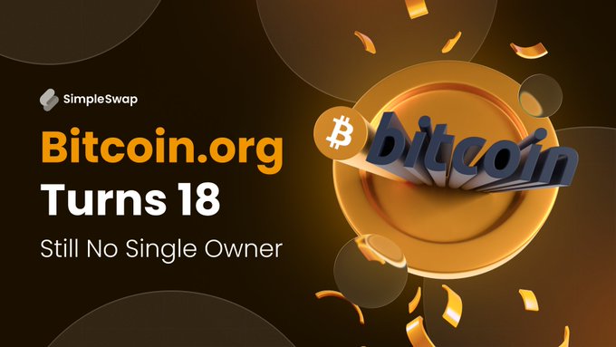 SimpleSwap promotional banner reading 'Bitcoin.org Turns 18 - Still No Single Owner' with a golden Bitcoin logo and coins.