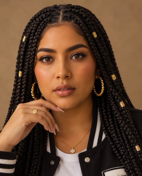A woman with long dark box braids adorned with gold cuffs, wearing gold hoop earrings and a black and white varsity jacket, rests her chin on her hand.