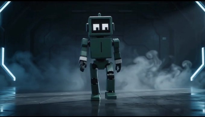 A small teal-colored robot with glowing white eyes stands in a dark, futuristic corridor filled with swirling smoke and framed by cyan neon lights. The image visually represents the "bots" collection being launched by HyperdictX on Hyperliquid, with the robotic character serving as a mascot for the 4444-piece mint.