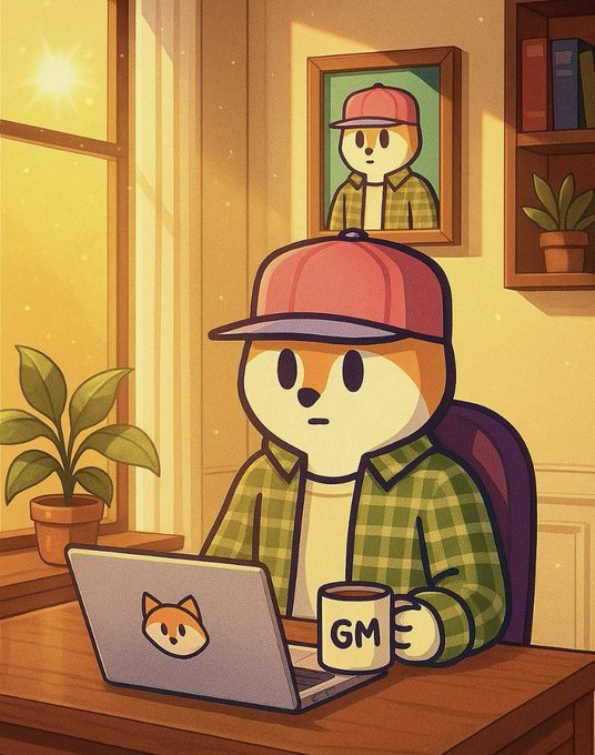 An illustrated cartoon of a dog-like character wearing a red cap and green flannel shirt sitting at a desk with a laptop (featuring a Shiba Inu sticker) and a 'GM' coffee mug, with a portrait on the wall behind them.