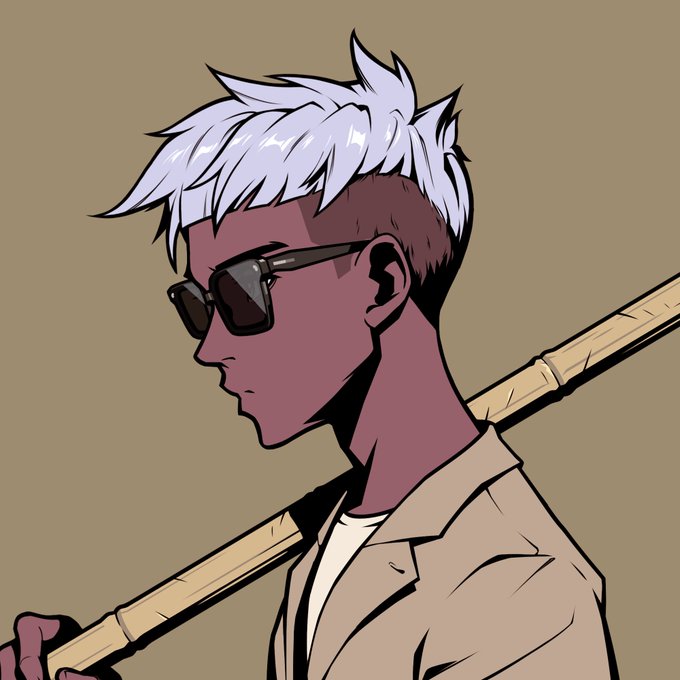 An anime-style illustration of a character with short white hair, sunglasses, and a tan jacket carrying a wooden bat over their shoulder.