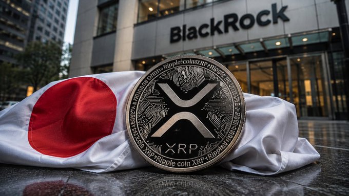 A physical XRP coin rests on a Japanese flag in front of a BlackRock building, with 'ripplecoinXRP' inscribed around its edge.