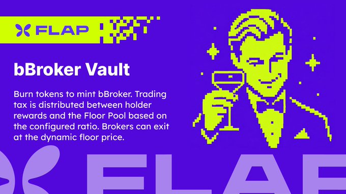 The image is a promotional graphic for FLAP's "bBroker Vault," featuring a pixel-art illustration of a tuxedoed gentleman holding a champagne glass, with text explaining that users burn tokens to mint bBroker, with trading tax distributed between holder rewards and the Floor Pool, and brokers can exit at the dynamic floor price. The accompanying post appears to reference a partnership between 蝴蝶 (Butterfly) and bStocks, sharing the contract address 0xf1969f437fe3c485468fb17b0d9861c24dcd7777, suggesting the bBroker Vault is the first launch/board ("盘") of this collaboration.