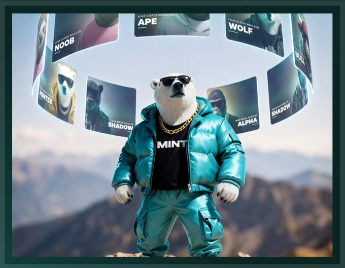 A polar bear character wearing sunglasses, a gold chain, and a teal puffer jacket with 'MINT' on the shirt stands in front of floating character cards labeled NOOB, APE, WOLF, MINTED, SHADOW, ALPHA, SHADOW, and BIRDZ.