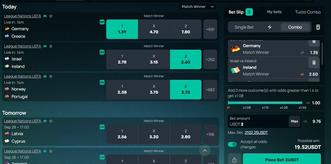 A sports betting app interface displaying UEFA Nations League match winner odds for games including Germany vs. Greece, Israel vs. Ireland, Norway vs. Portugal, and Latvia vs. Cyprus, with a bet slip showing a 19.52 USDT potential win.