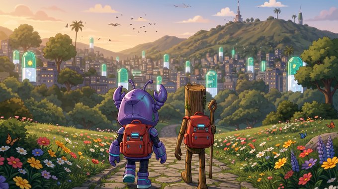 A colorful digital illustration showing a purple alien-like creature and a wooden stick figure with red backpacks walking through a flower-filled meadow toward a futuristic city skyline at sunset.