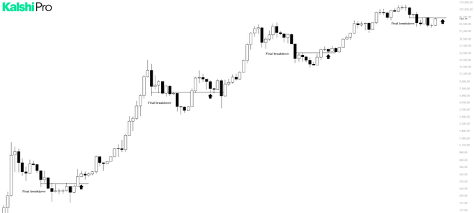 A Bitcoin candlestick chart displays four instances labeled "Final breakdown" marking significant trend reversals following weekly highs, supporting the claim that BTC's new highs consistently signal the start of a downward shift.