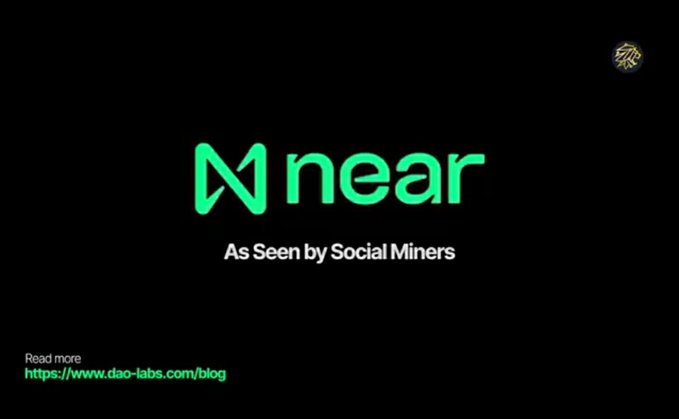 A dark graphic displays the green "near" logo with the tagline "As Seen by Social Miners," alongside a "Read more" link to dao-labs.com/blog. The image relates to the post by illustrating community education around NEAR Protocol, supporting the message that helping people understand emerging technology is essential to building responsible AI infrastructure.