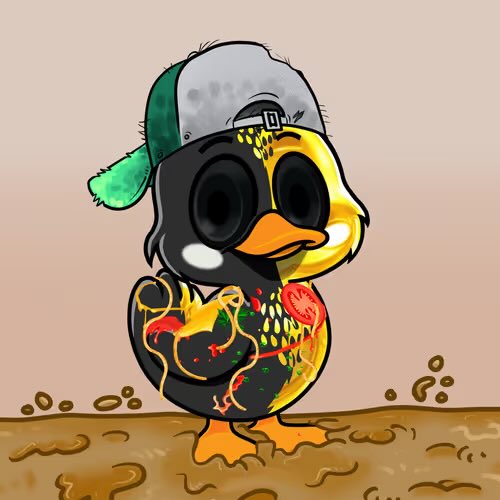 A cartoon illustration of a black and yellow rubber duck wearing a green and white baseball cap, standing on muddy ground with splashes around it.