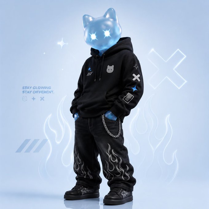 A 3D render of a figure wearing a black hoodie and flame-patterned pants with an X mark, sporting a glowing blue cat head, with the text 'STAY GLOWING STAY DIFFERENT.'