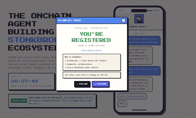 A promotional screenshot for an airdrop claiming 'YOU'RE REGISTERED' for 'THE ONCHAIN AGENT BUILDING BLOCKBUSTER ECOSYSTEM' with a countdown timer and eligibility requirements for Stonksbro/Chain Mancer NFT holders, Roblox Chain wallets, or community members, showing a phone with a 'KIDDIE BOOKS' chat.