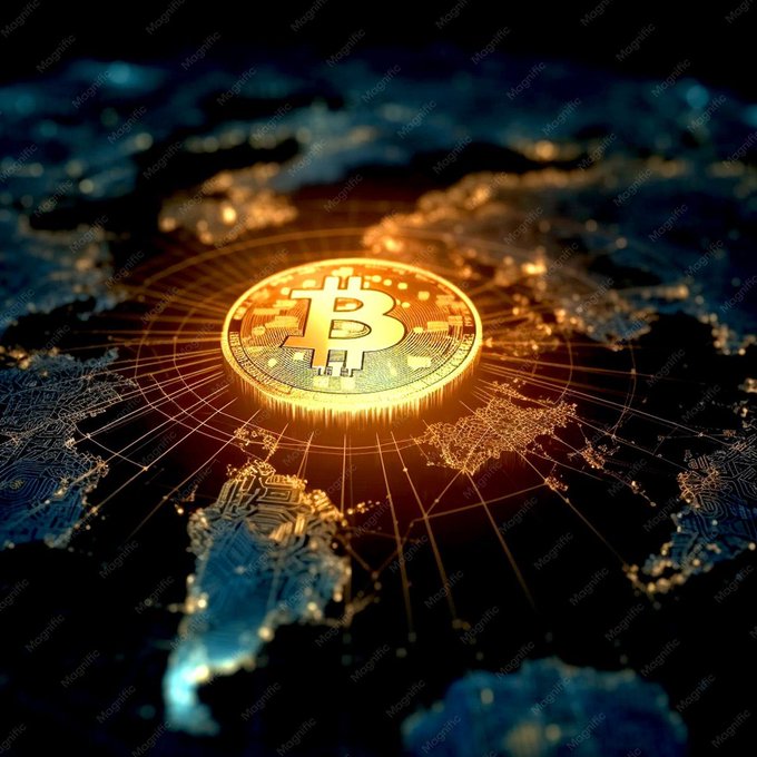 A glowing Bitcoin coin rests atop a digital world map rendered as a circuit board, symbolizing the global, decentralized nature of cryptocurrency networks. The image visually reinforces the post's theme of decentralized AI by illustrating how blockchain technology enables distributed ownership and control, removing power from centralized entities and placing it across a borderless digital network.