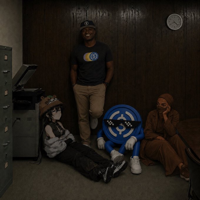 Stylized cinematic photo of three people and a blue mascot character wearing pixel sunglasses posing against a wood-paneled wall with a clock showing roughly 10:10.