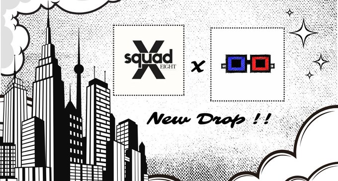A black and white promotional graphic for a 'squad X HIGH x' collaboration featuring an illustrated cityscape and 'New Drop!!' text.