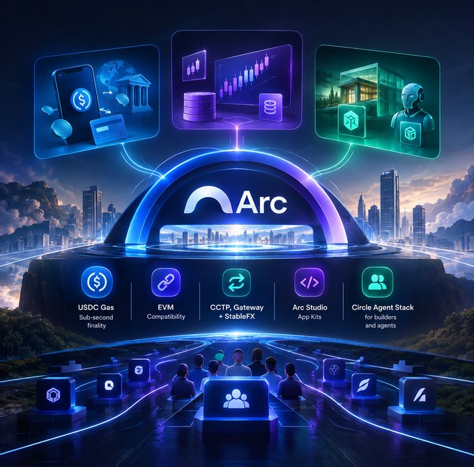 A promotional infographic for the 'Arc' blockchain ecosystem, highlighting features like USDC Gas (sub-second finality), EVM Compatibility, CCTP Gateway + StableFX, Arc Studio App Kits, and Circle Agent Stack.